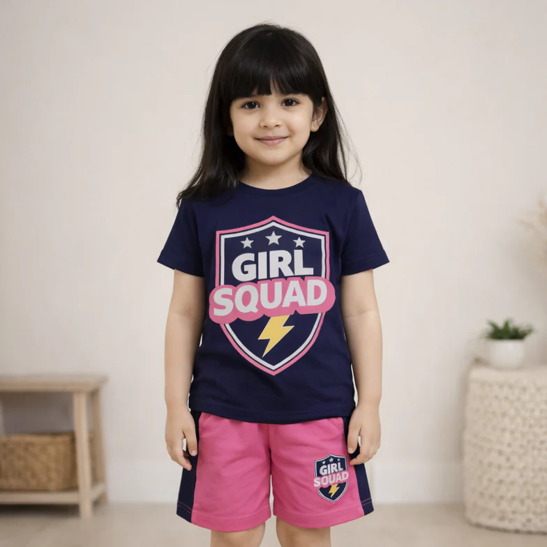 Kids T-Shirt & Short Set Girl Squad Navy Blue - Mini Charm - Image 2