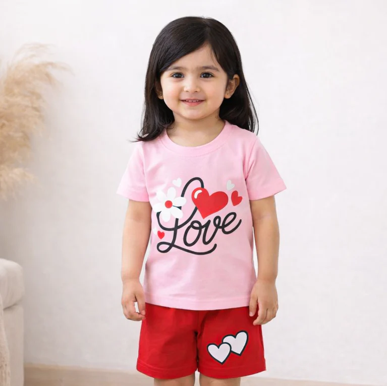 Kids T-Shirt & Short Set Love Pink - Mini Charm - Image 2