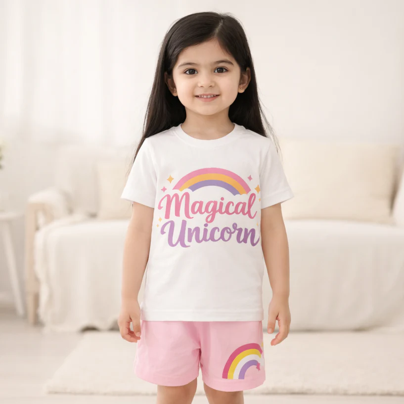 Kids T-Shirt & Short Set Magical Unicorn White - Mini Charm - Image 2