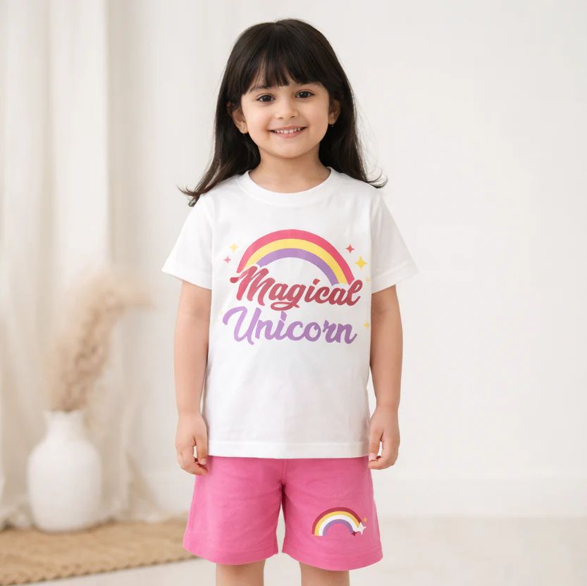 Kids T-Shirt & Short Set Magical Unicorn White & Pink - Mini Charm - Image 2
