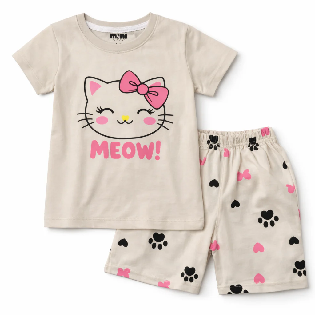 Kids T-Shirt & Short Set Meow Grey - Mini Charm