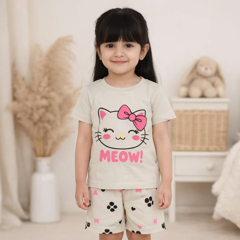 Kids T-Shirt & Short Set Meow Grey - Mini Charm - Image 2