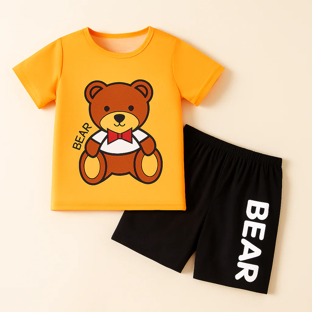 Kids T-Shirt & Short Set Printed Bear Mustard - Sunshine