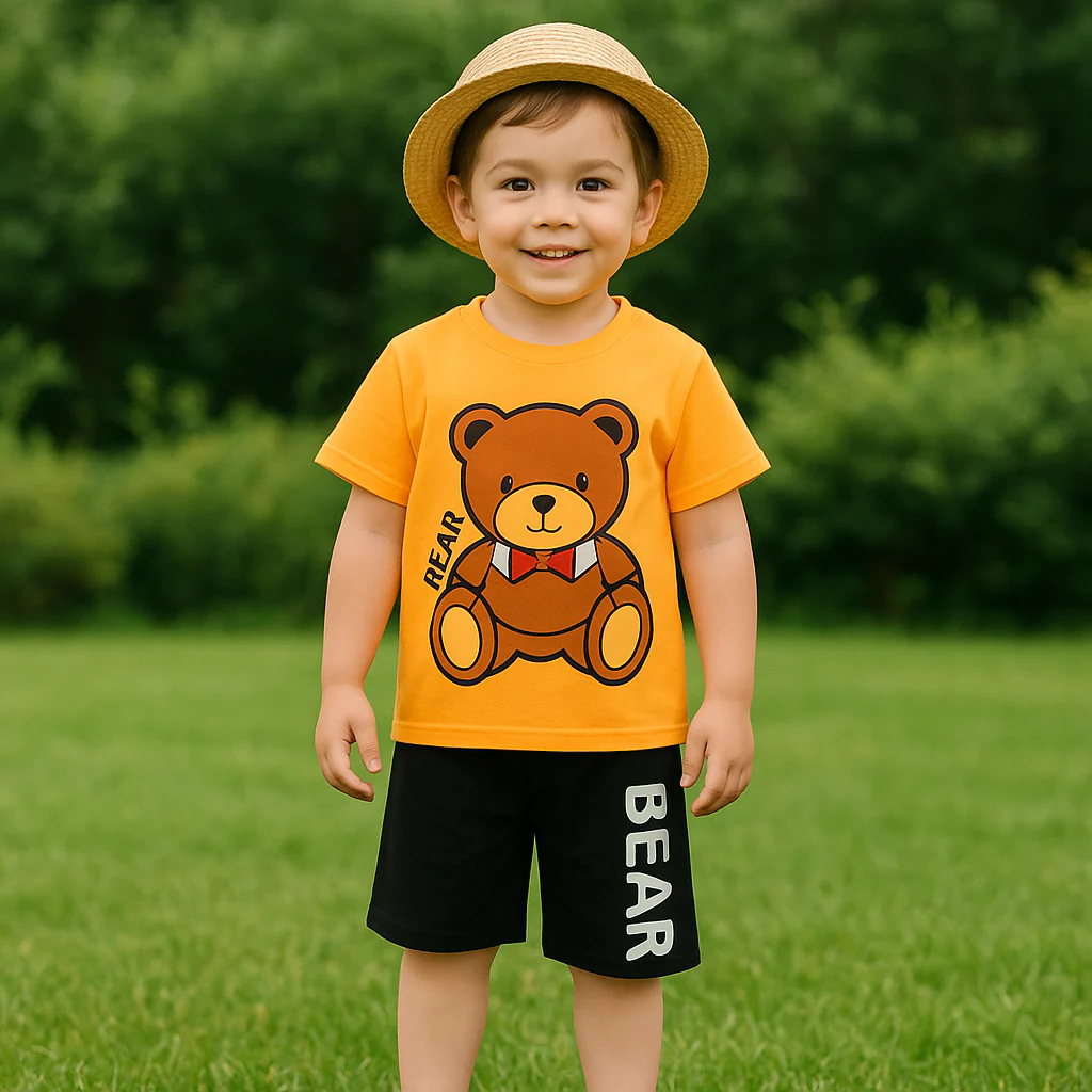 Kids T-Shirt & Short Set Printed Bear Mustard - Sunshine - Image 2