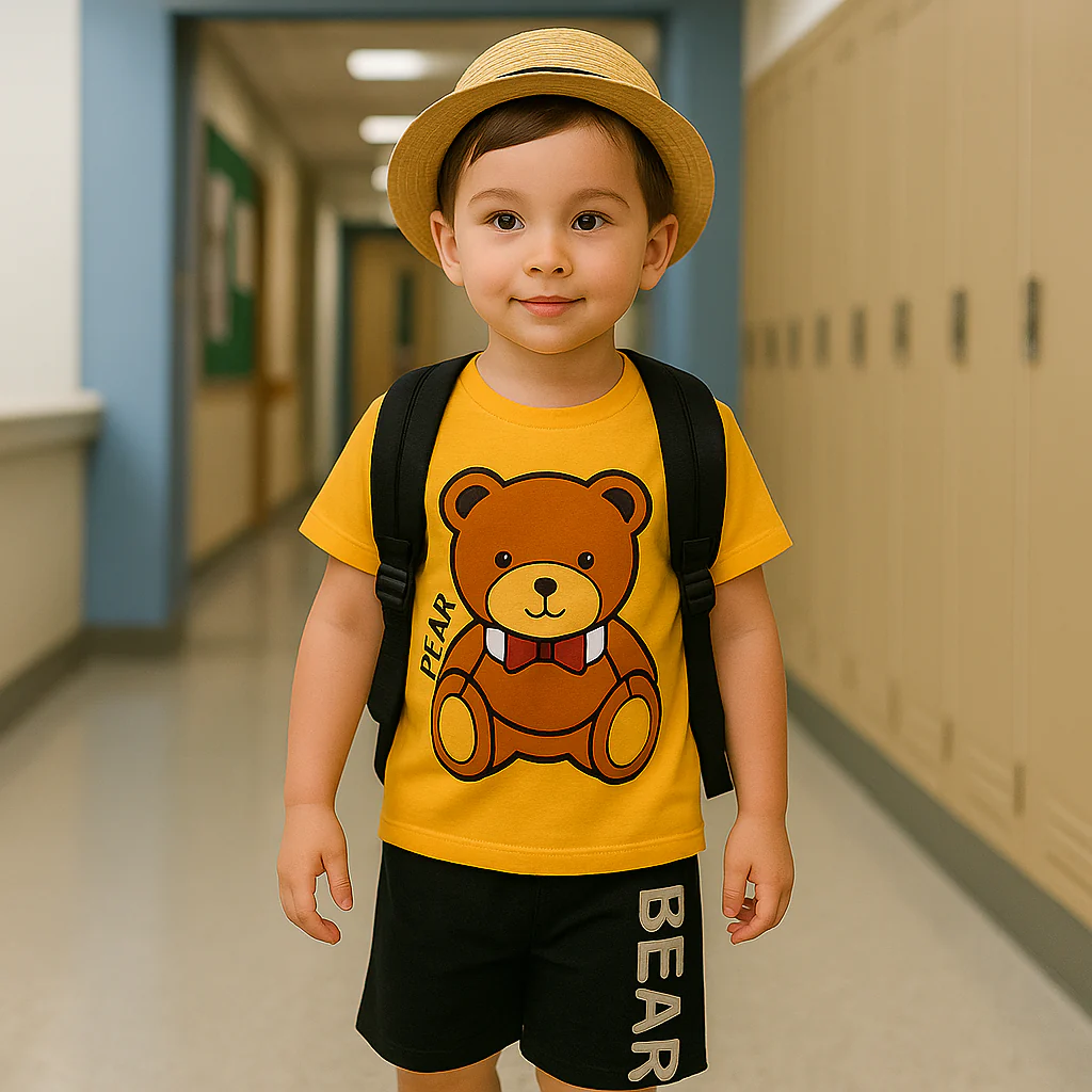 Kids T-Shirt & Short Set Printed Bear Mustard - Sunshine - Image 4