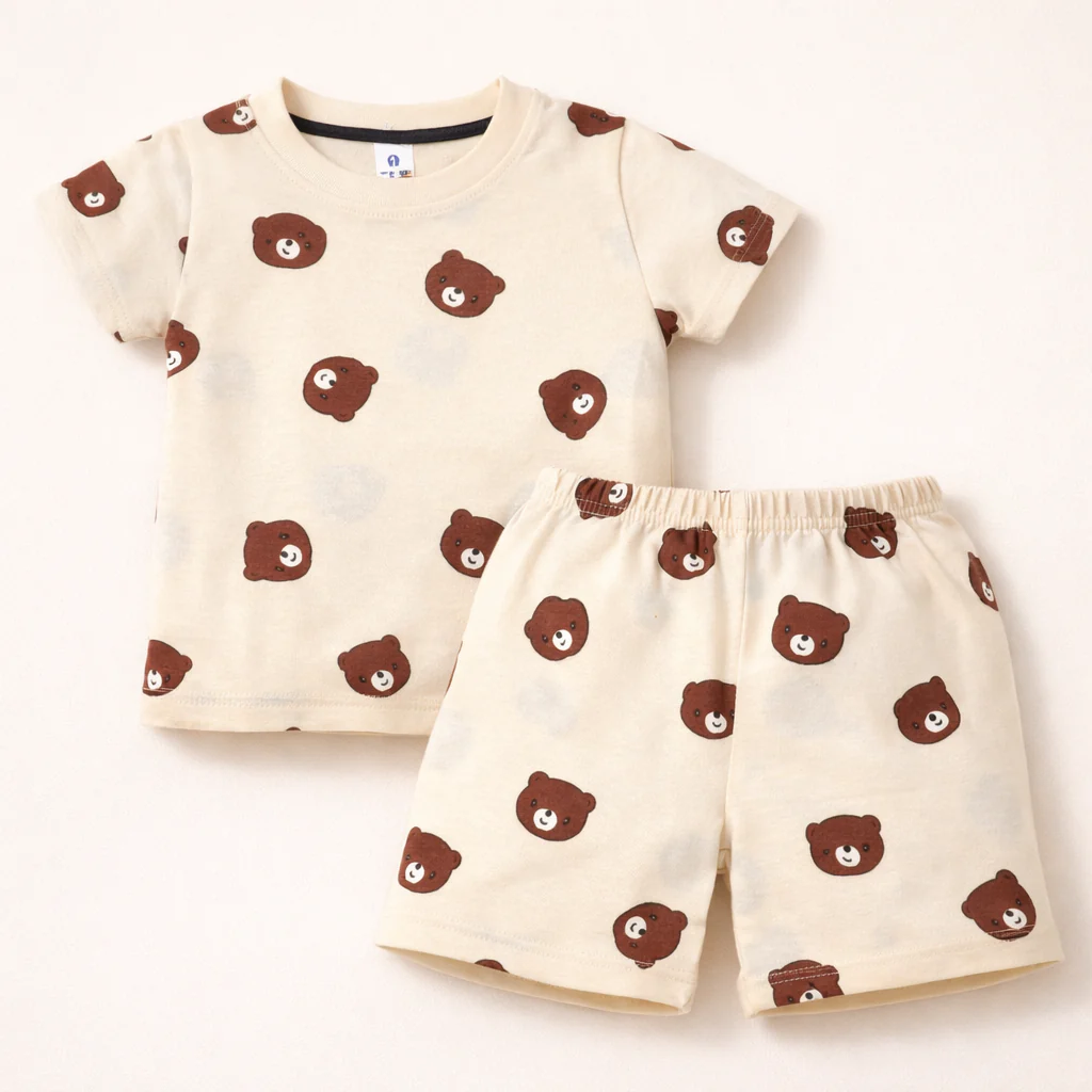 Kids T-Shirt & Short Set Printed Bear Off White - Oolaa