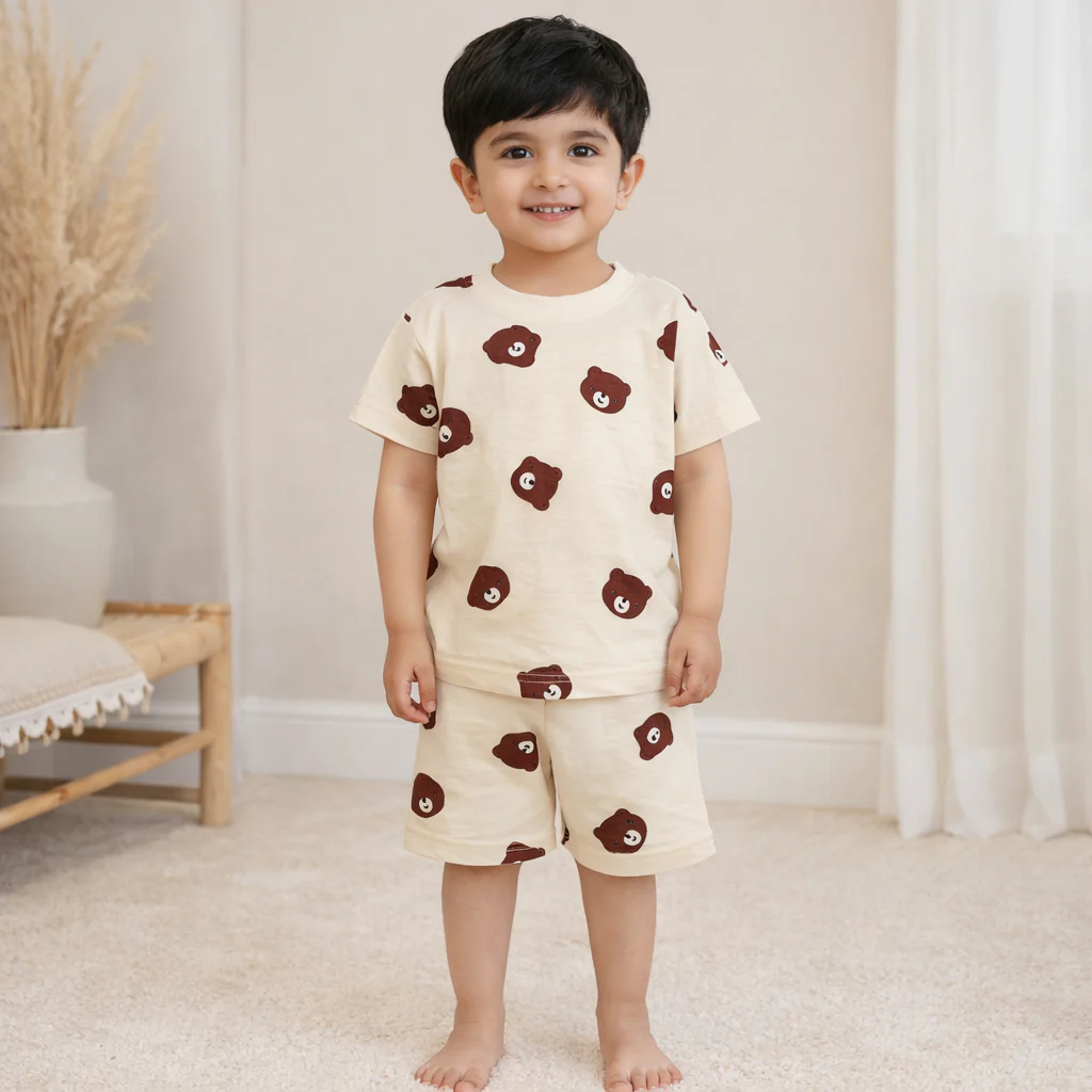 Kids T-Shirt & Short Set Printed Bear Off White - Oolaa - Image 2