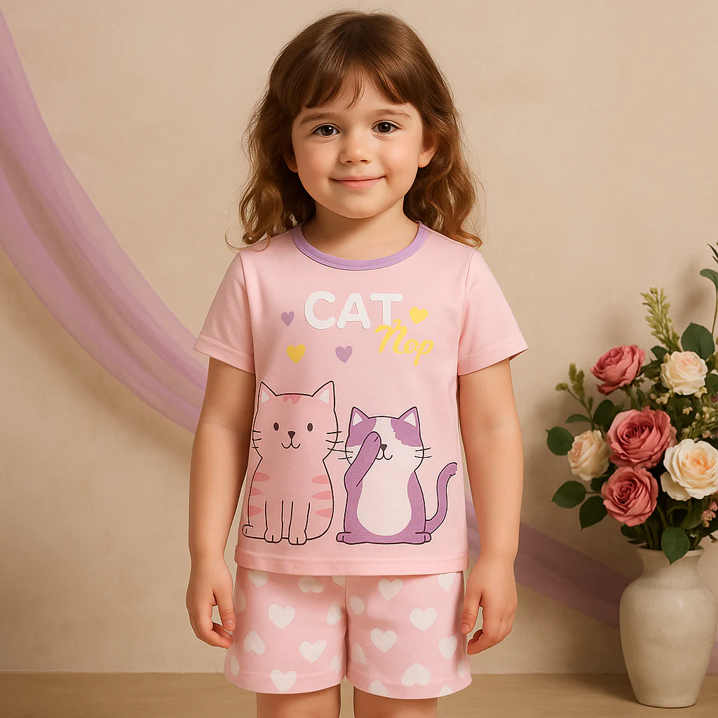 Kids T-Shirt & Short Set Printed Cat Pink - Sunshine - Image 3