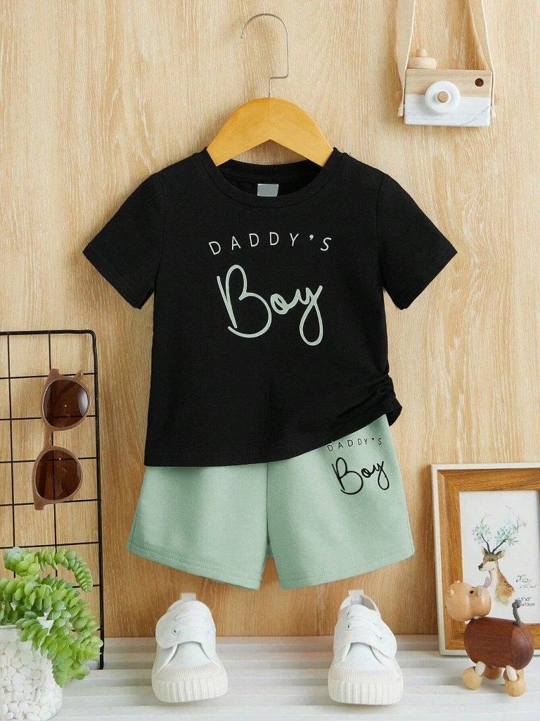 Kids T-Shirt & Short Set Printed Daddys Boy Sea Green - Sunshine - Image 5