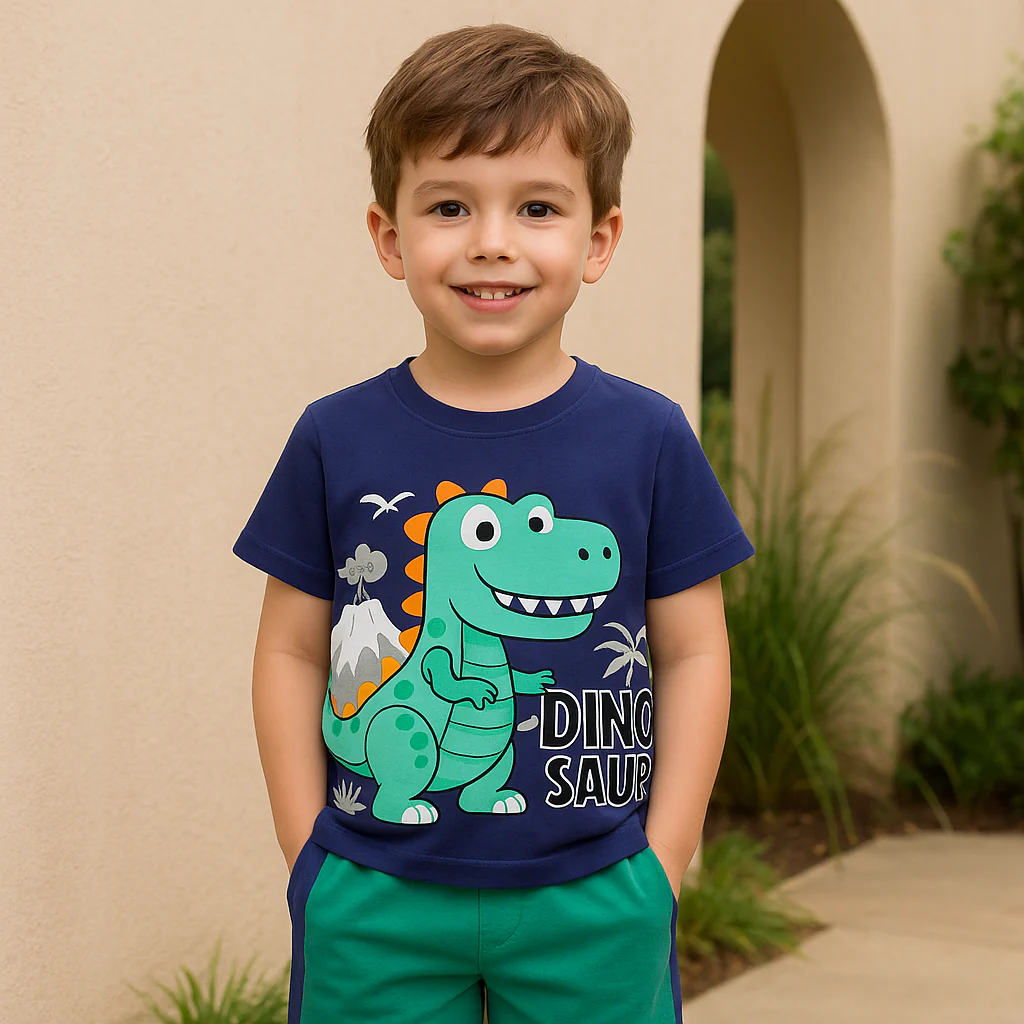 Kids T-Shirt & Short Set Printed Dinosaur Navy Blue - Sunshine - Image 3