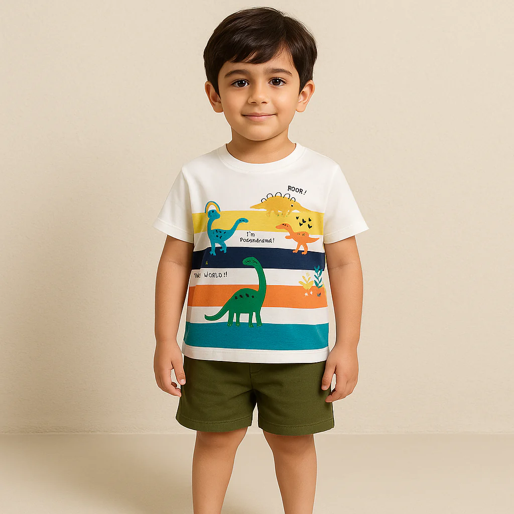 Kids T-Shirt & Short Set Printed Dinosaur White - Sunshine - Image 3