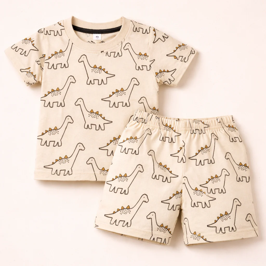 Kids T-Shirt & Short Set Printed Dinosaurs Off White - Oolaa
