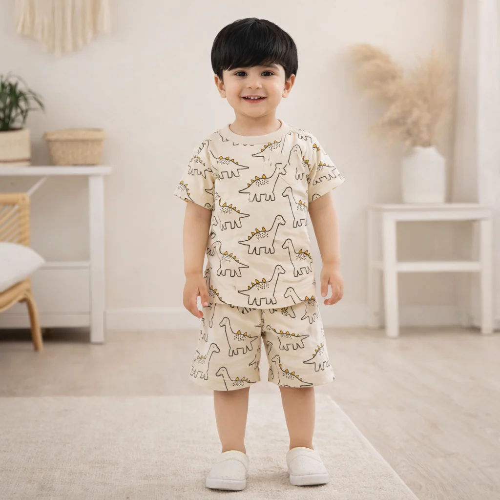 Kids T-Shirt & Short Set Printed Dinosaurs Off White - Oolaa - Image 2