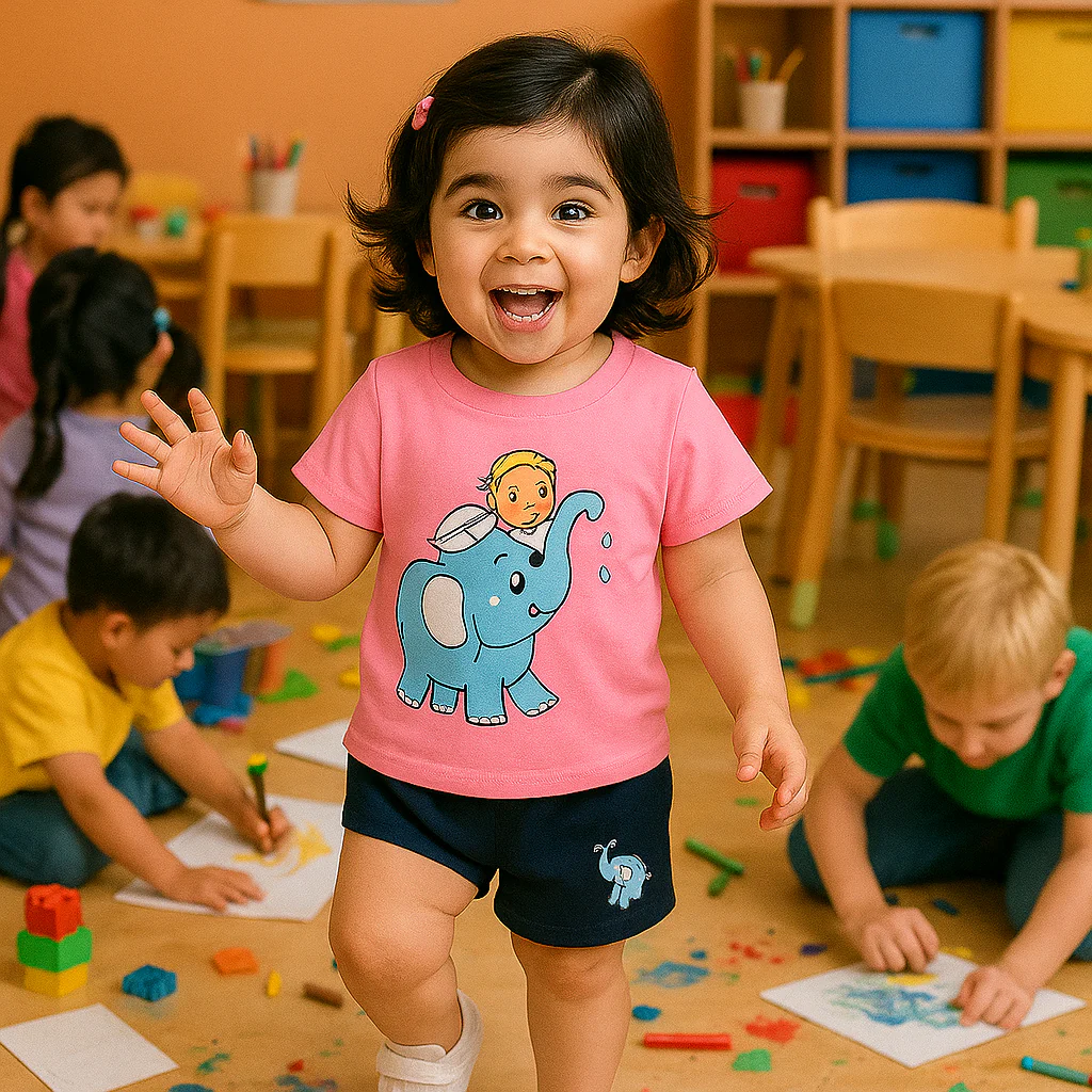Kids T-Shirt & Short Set Printed Elephant Pink - Sunshine - Image 3