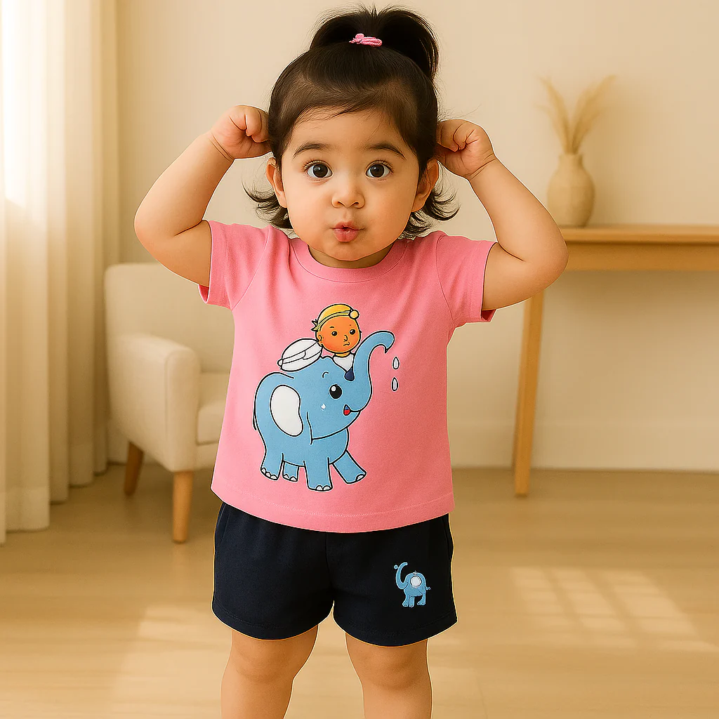 Kids T-Shirt & Short Set Printed Elephant Pink - Sunshine - Image 4