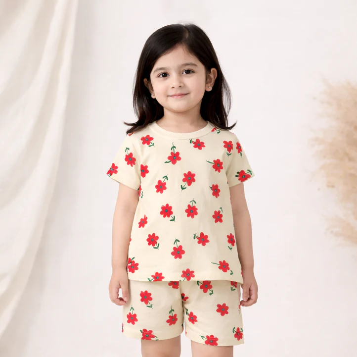 Kids T-Shirt & Short Set Printed Flowers Off White - Oolaa - Image 2