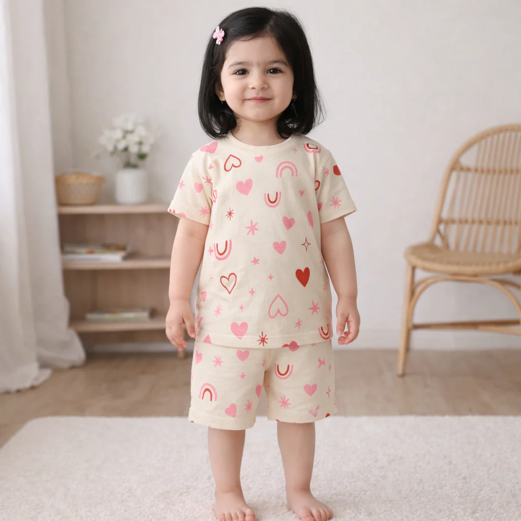 Kids T-Shirt & Short Set Printed Hearts Off White - Oolaa - Image 2