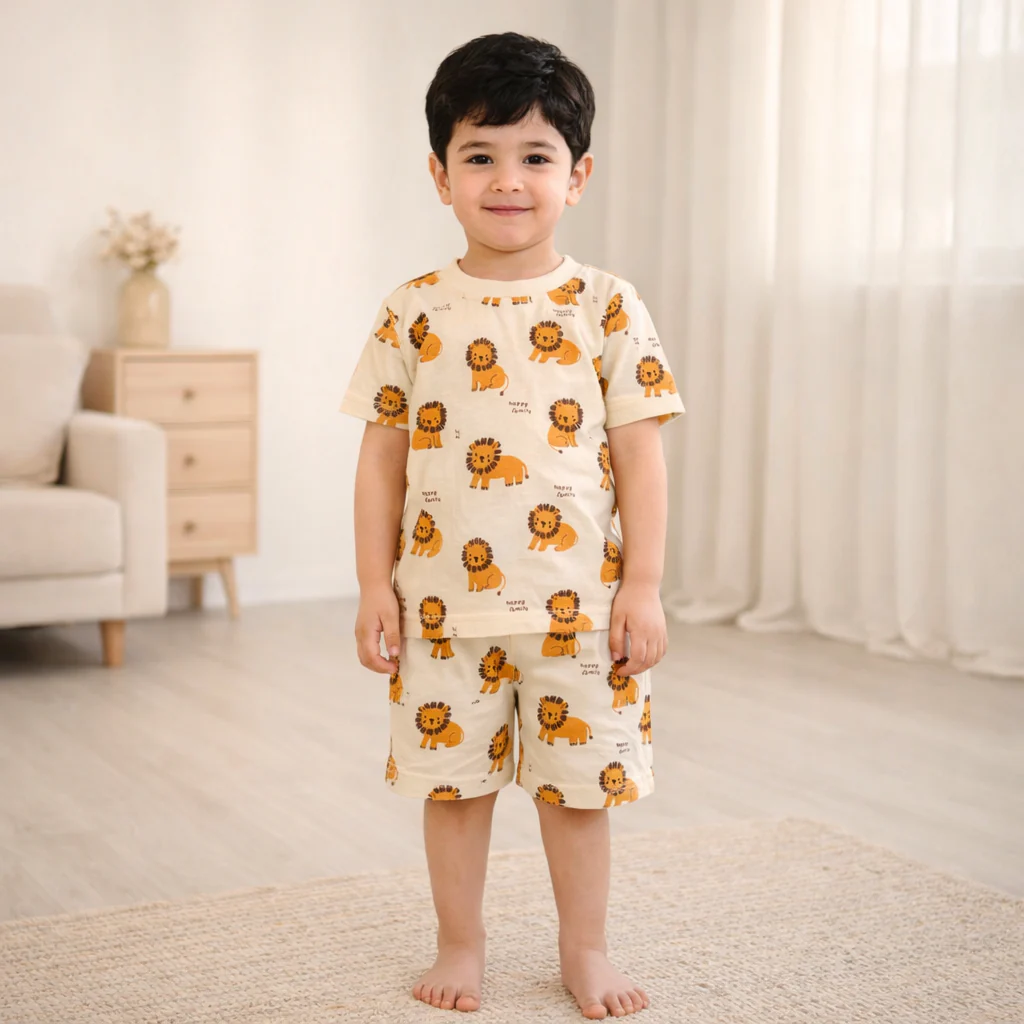 Kids T-Shirt & Short Set Printed Lion Off White - Oolaa - Image 2