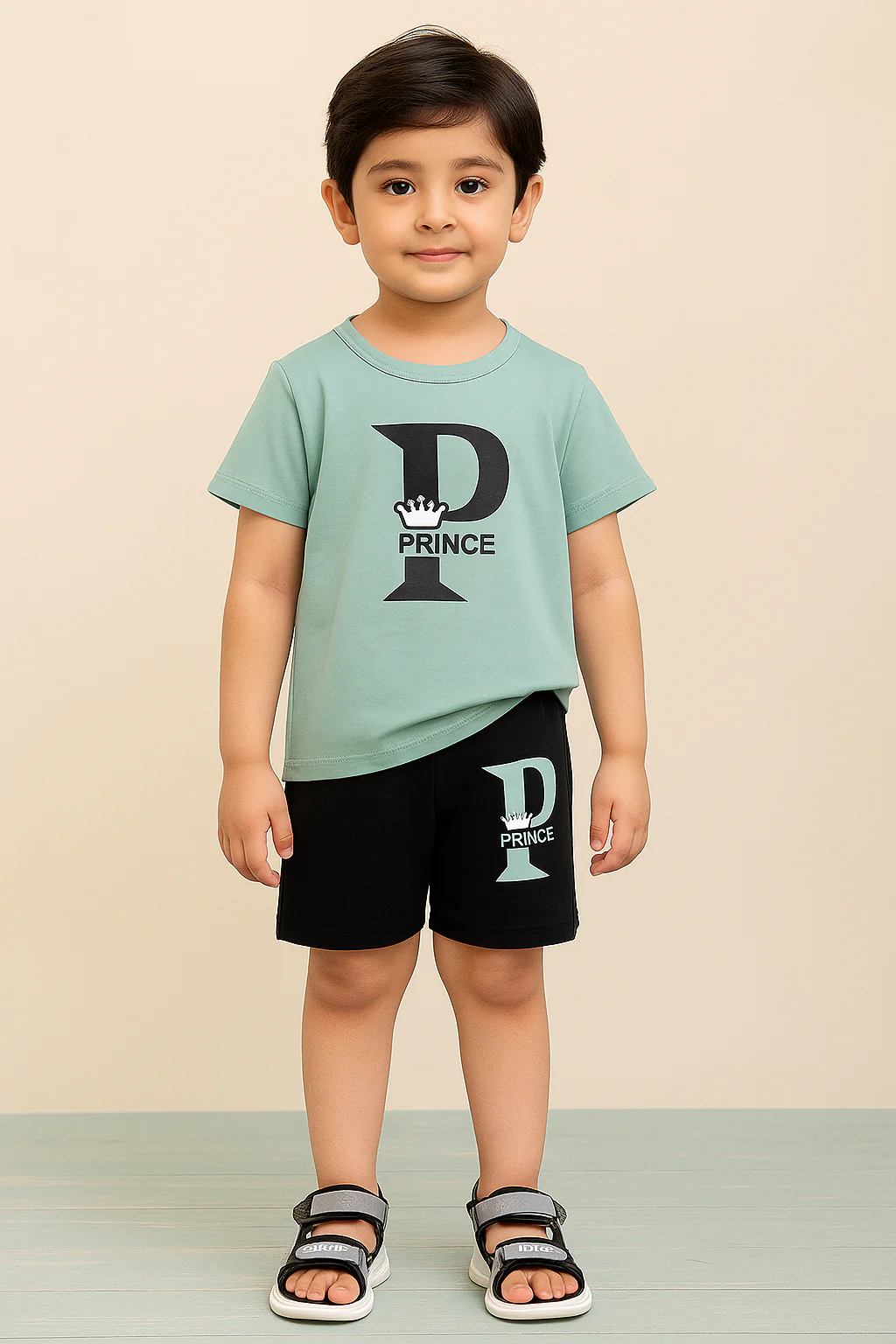 Kids T-Shirt & Short Set Printed Prince Black & Sea Green - Sunshine - Image 2