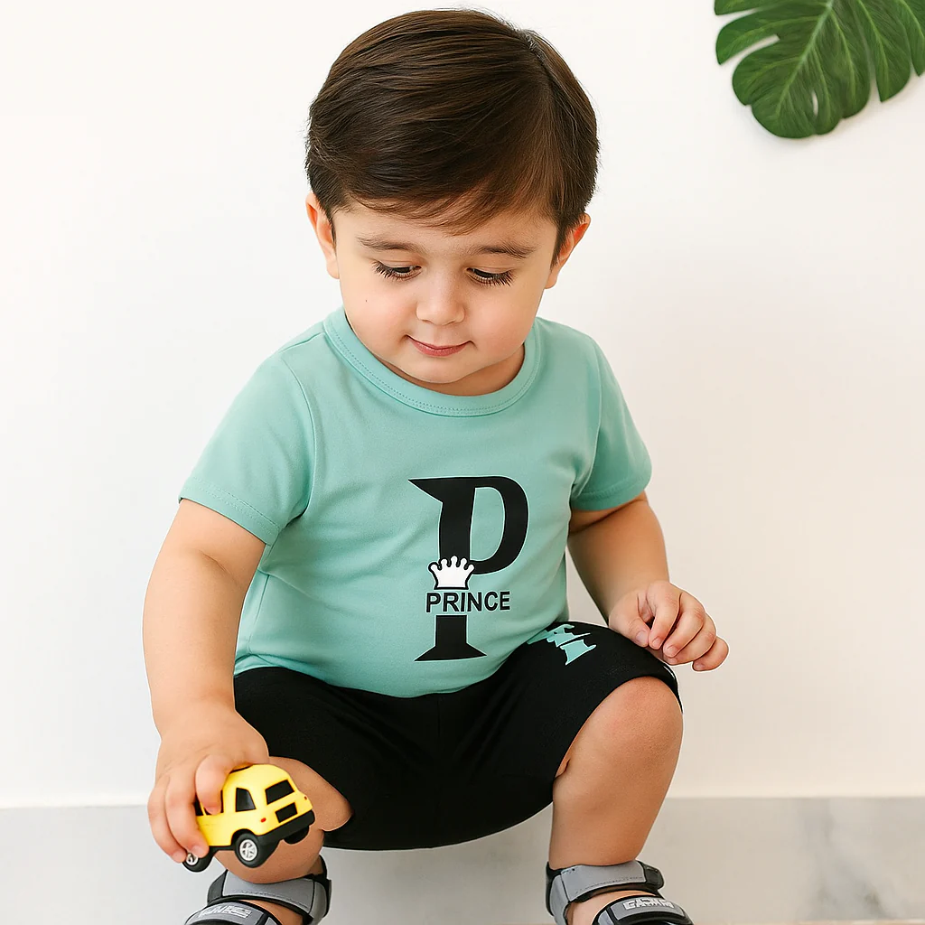 Kids T-Shirt & Short Set Printed Prince Black & Sea Green - Sunshine - Image 3
