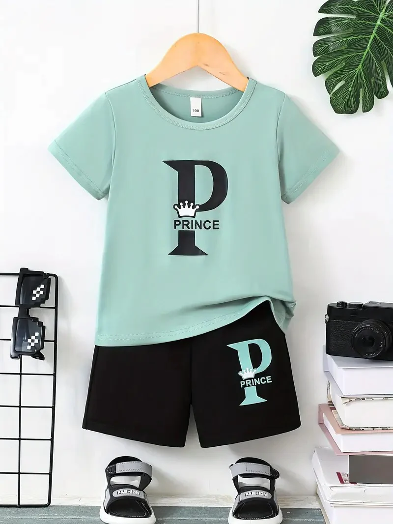 Kids T-Shirt & Short Set Printed Prince Black & Sea Green - Sunshine - Image 4
