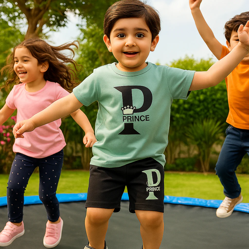 Kids T-Shirt & Short Set Printed Prince Black & Sea Green - Sunshine - Image 5