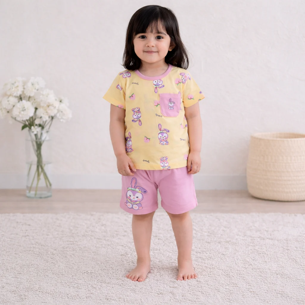 Kids T-Shirt & Short Set Printed Rabbit Yellow & Pink - Sunshine - Image 2