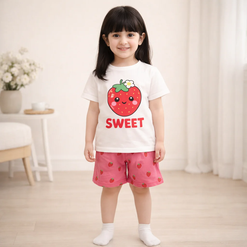 Kids T-Shirt & Short Set Strawbery White - Mini Charm - Image 2