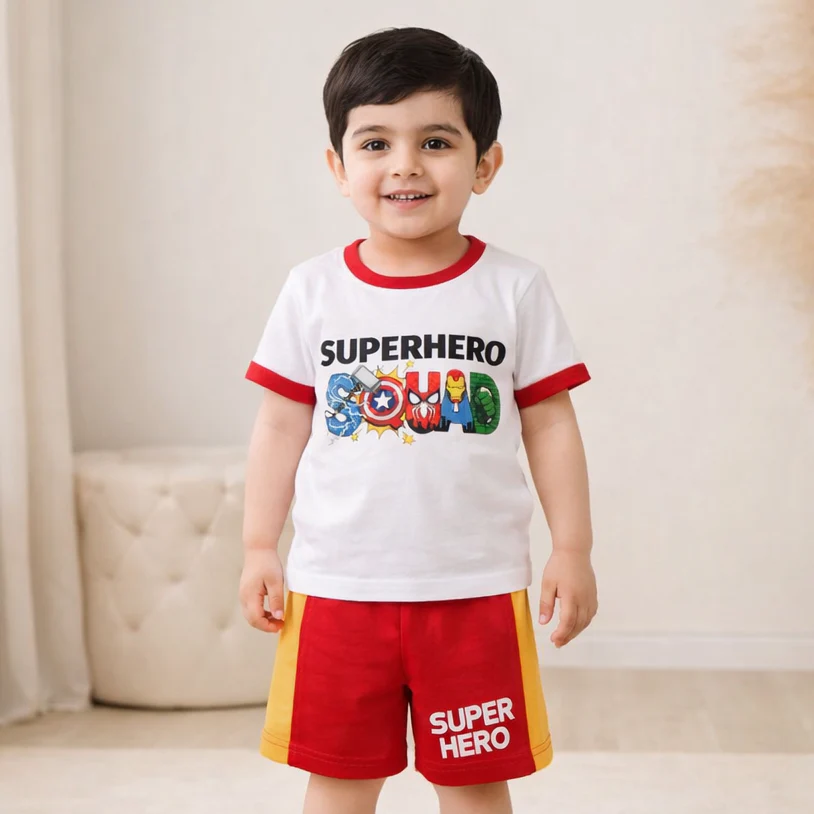 Kids T-Shirt & Short Set Superhero White - Mini Charm - Image 2