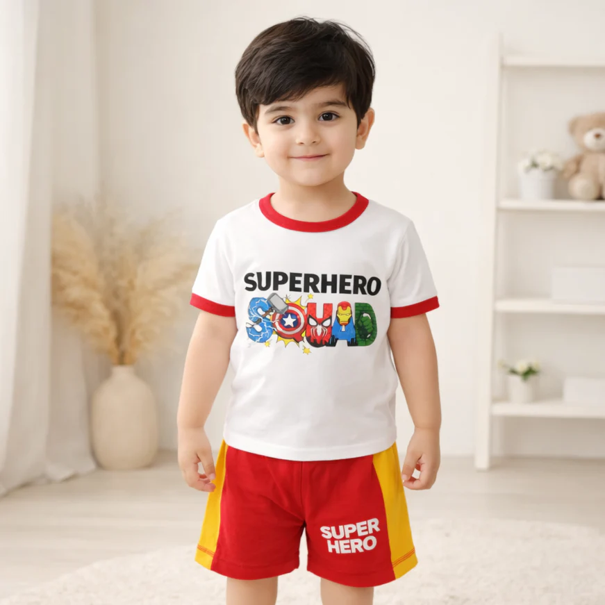 Kids T-Shirt & Short Set Superhero White & Yellow - Mini Charm - Image 2