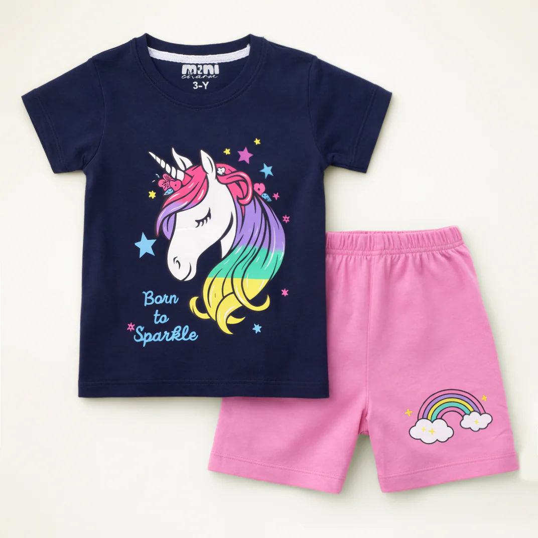 Kids T-Shirt & Short Set Unicorn Navy Blue & Pink - Mini Charm