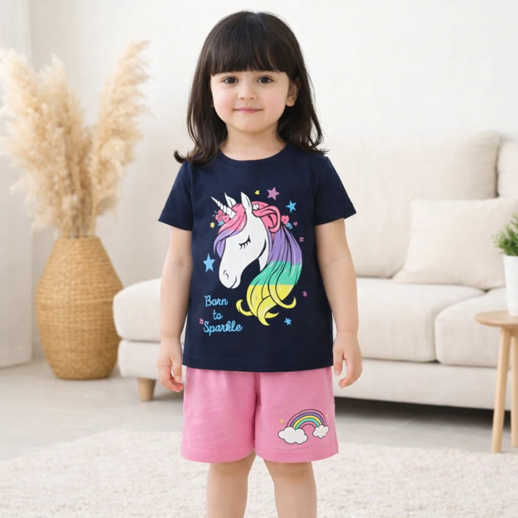 Kids T-Shirt & Short Set Unicorn Navy Blue & Pink - Mini Charm - Image 2