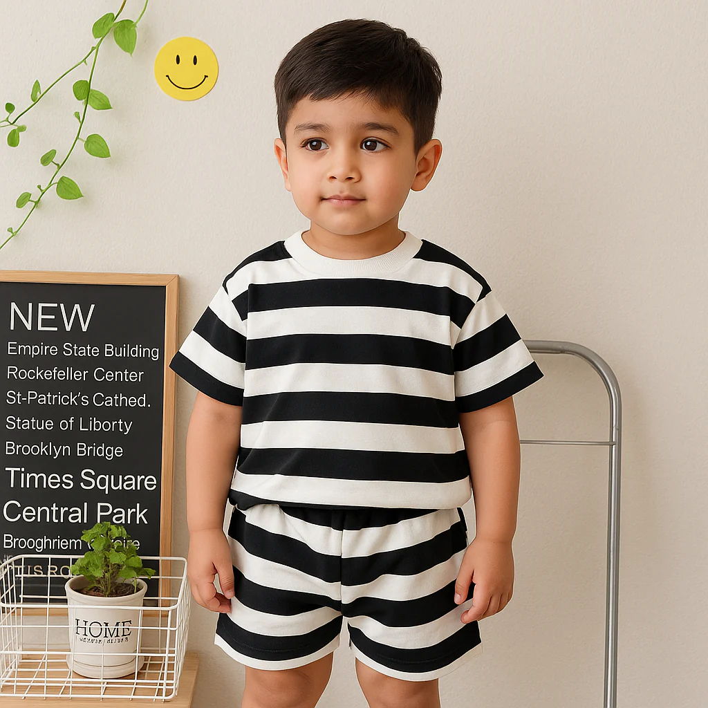Kids T-Shirt & Short Set Wide Stripes Black - Mini Charm - Image 3