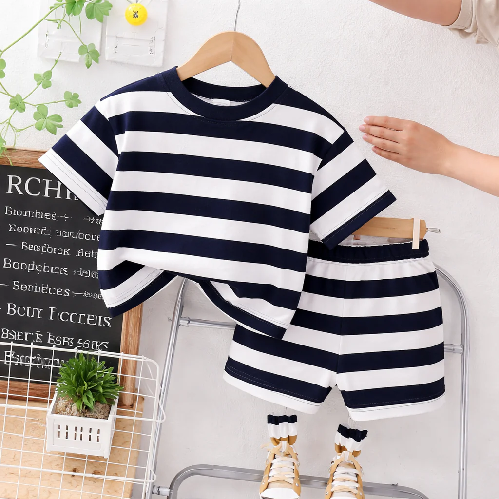 Kids T-Shirt & Short Set Wide Stripes Dark Navy Blue - Mini Charm