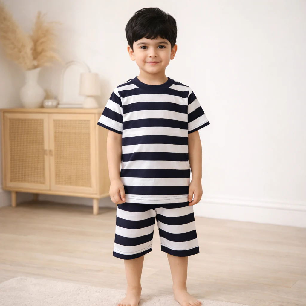 Kids T-Shirt & Short Set Wide Stripes Dark Navy Blue - Mini Charm - Image 2
