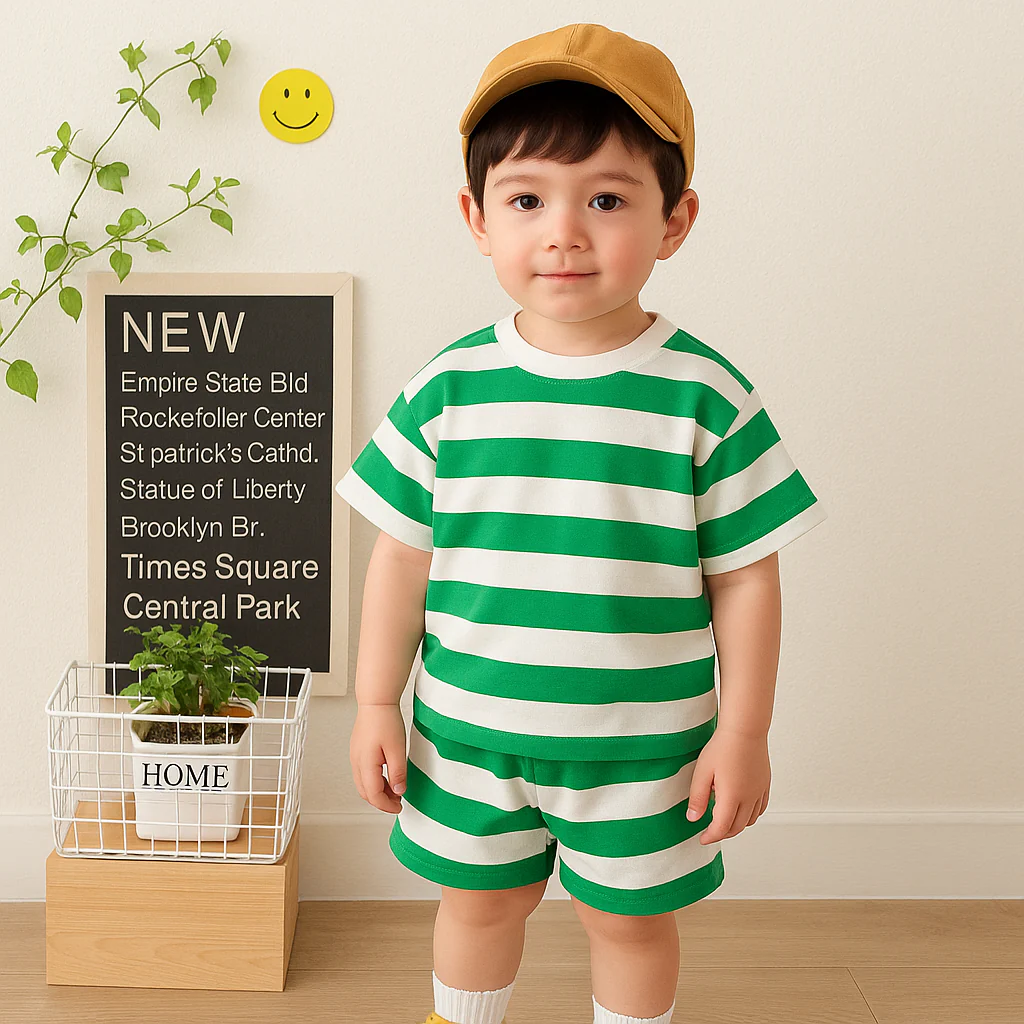 Kids T-Shirt & Short Set Wide Stripes Green - Mini Charm - Image 3