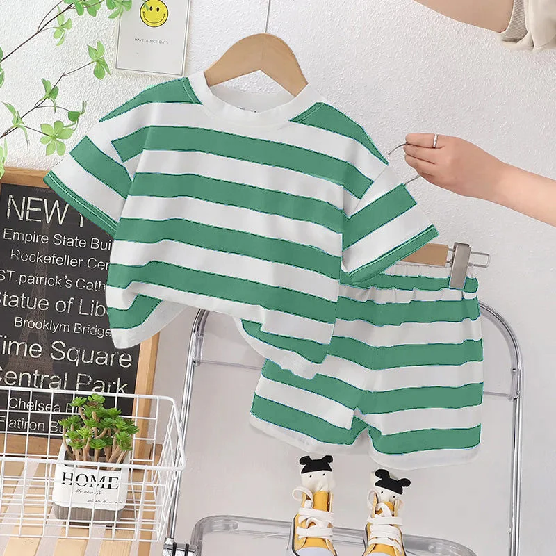 Kids T-Shirt & Short Set Wide Stripes Green & Off White - Mini Charm