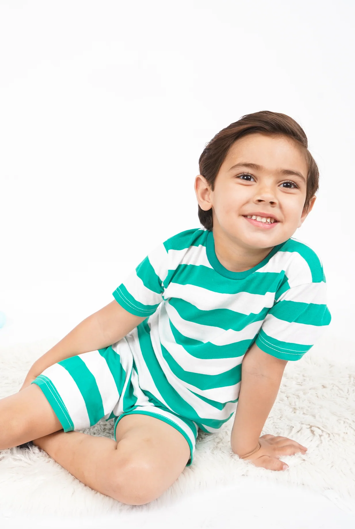 Kids T-Shirt & Short Set Wide Stripes Green & Off White - Mini Charm - Image 3