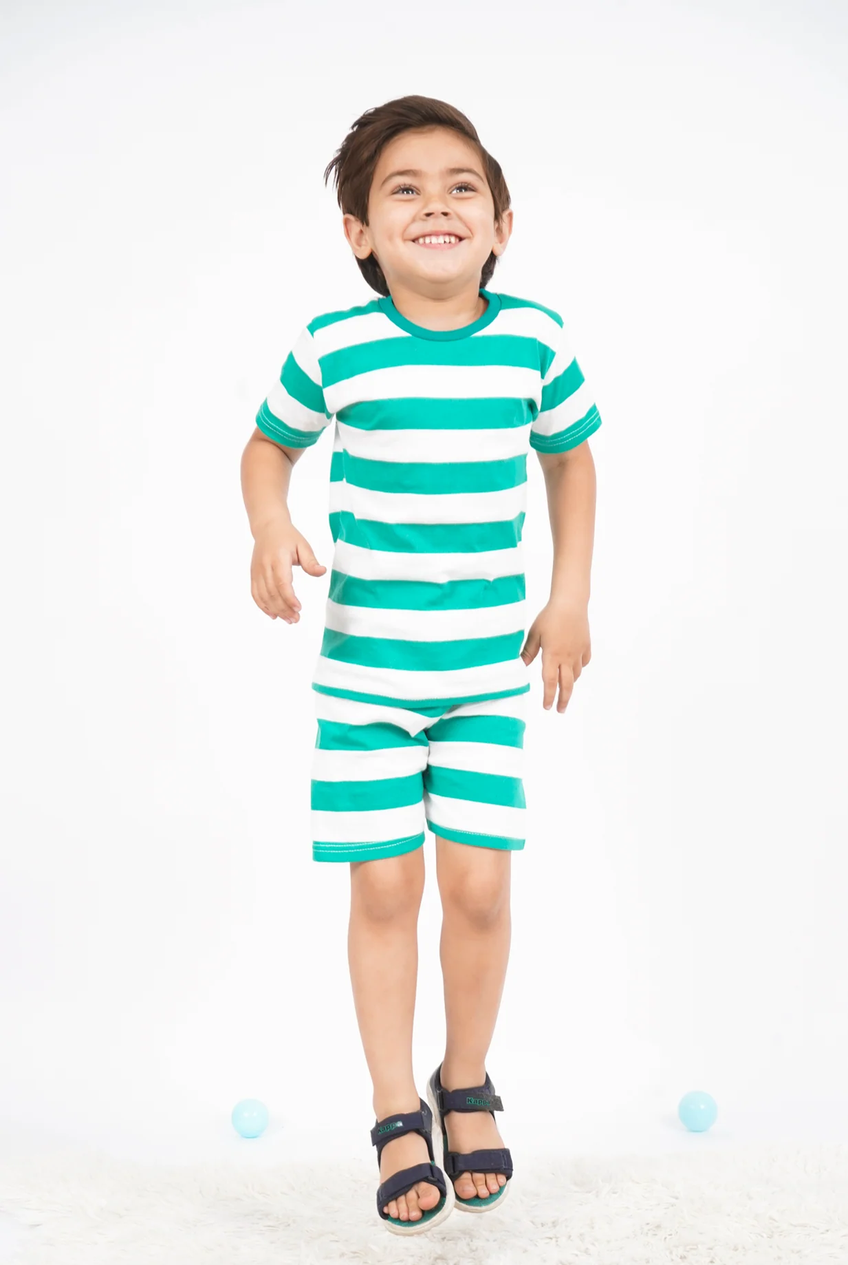 Kids T-Shirt & Short Set Wide Stripes Green & Off White - Mini Charm - Image 4
