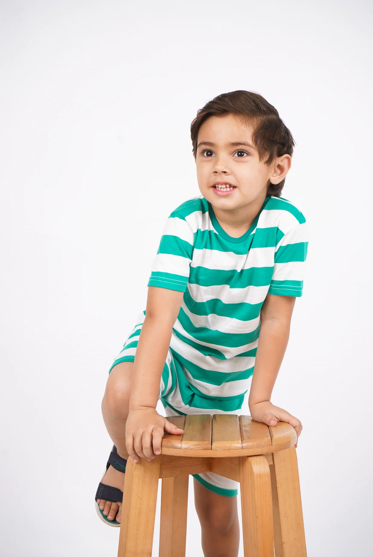 Kids T-Shirt & Short Set Wide Stripes Green & Off White - Mini Charm - Image 5