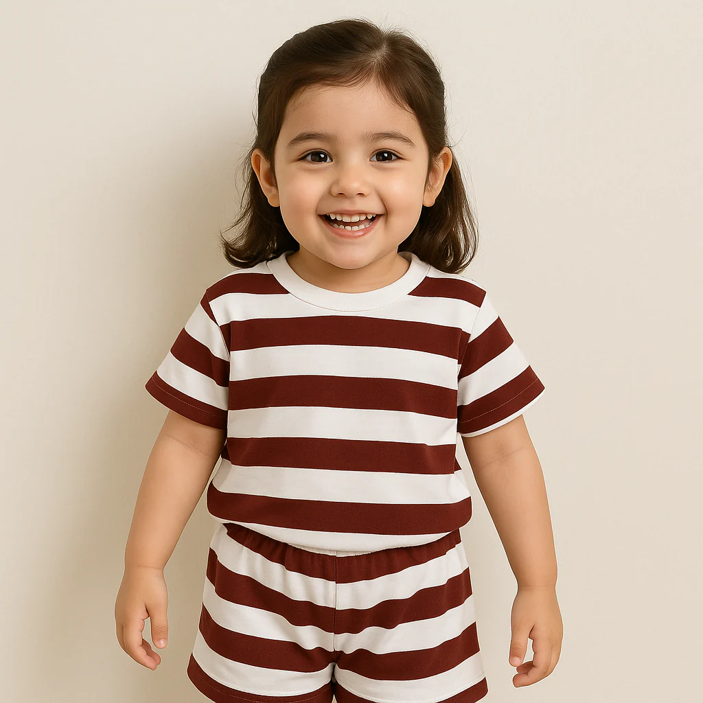 Kids T-Shirt & Short Set Wide Stripes Maroon - Mini Charm - Image 3