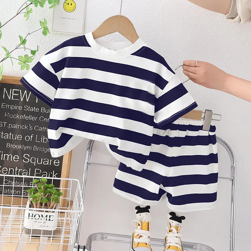Kids T-Shirt & Short Set Wide Stripes Navy Blue - Mini Charm