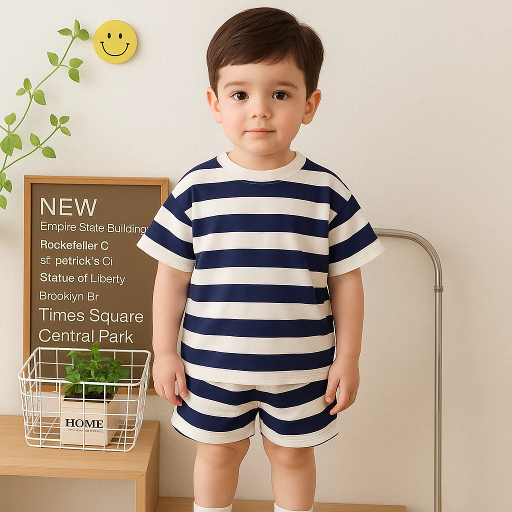 Kids T-Shirt & Short Set Wide Stripes Navy Blue - Mini Charm - Image 2