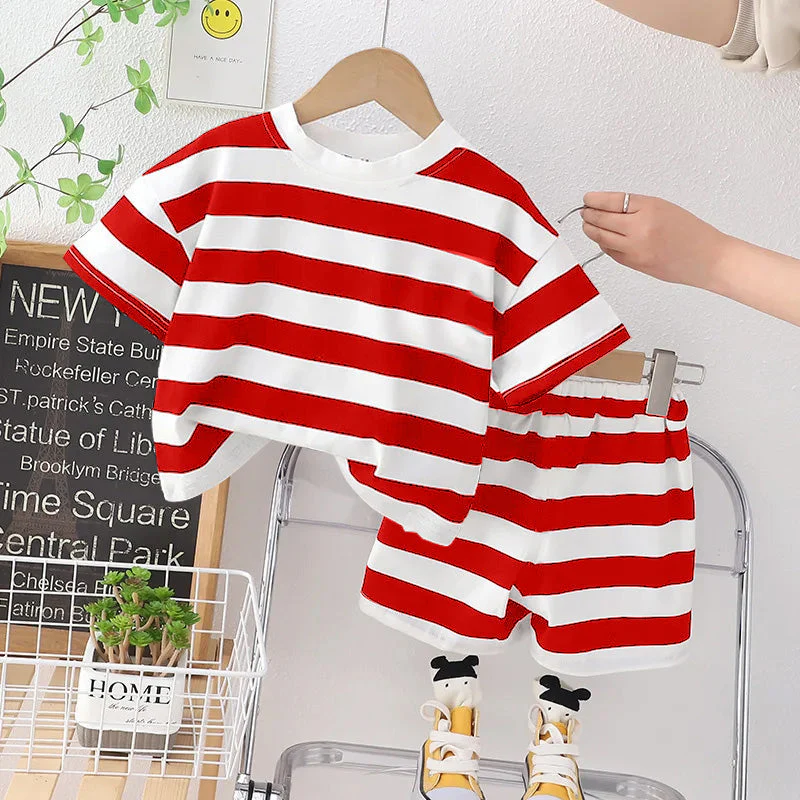 Kids T-Shirt & Short Set Wide Stripes Red - Mini Charm