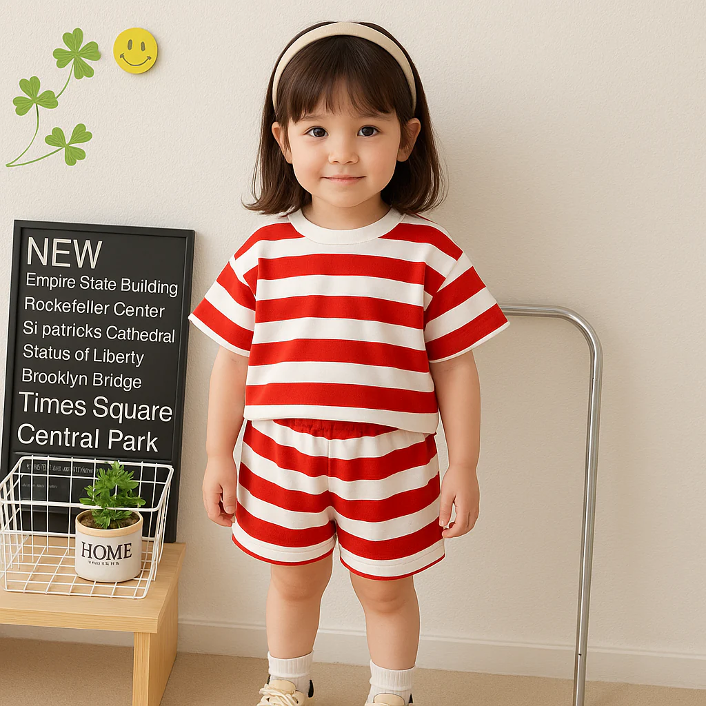 Kids T-Shirt & Short Set Wide Stripes Red - Mini Charm - Image 3