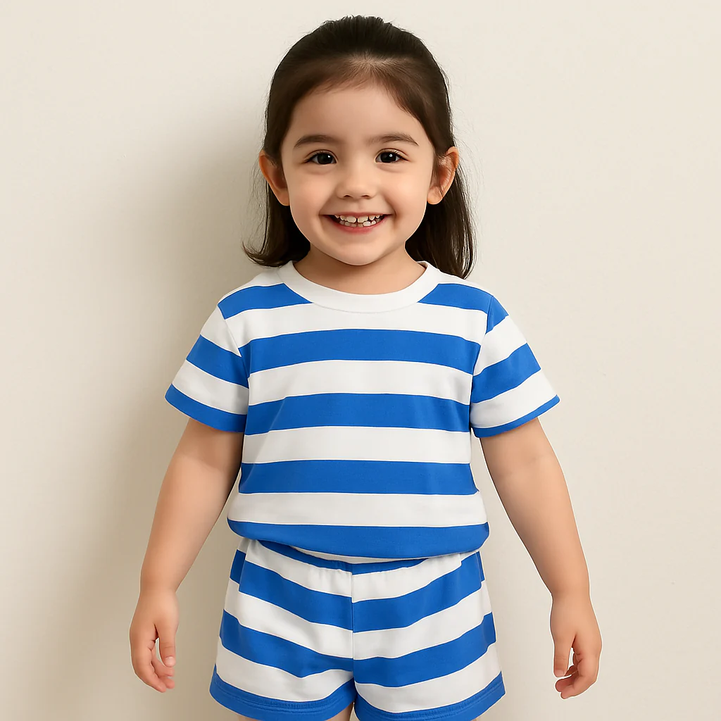 Kids T-Shirt & Short Set Wide Stripes Royal Blue - Mini Charm - Image 3