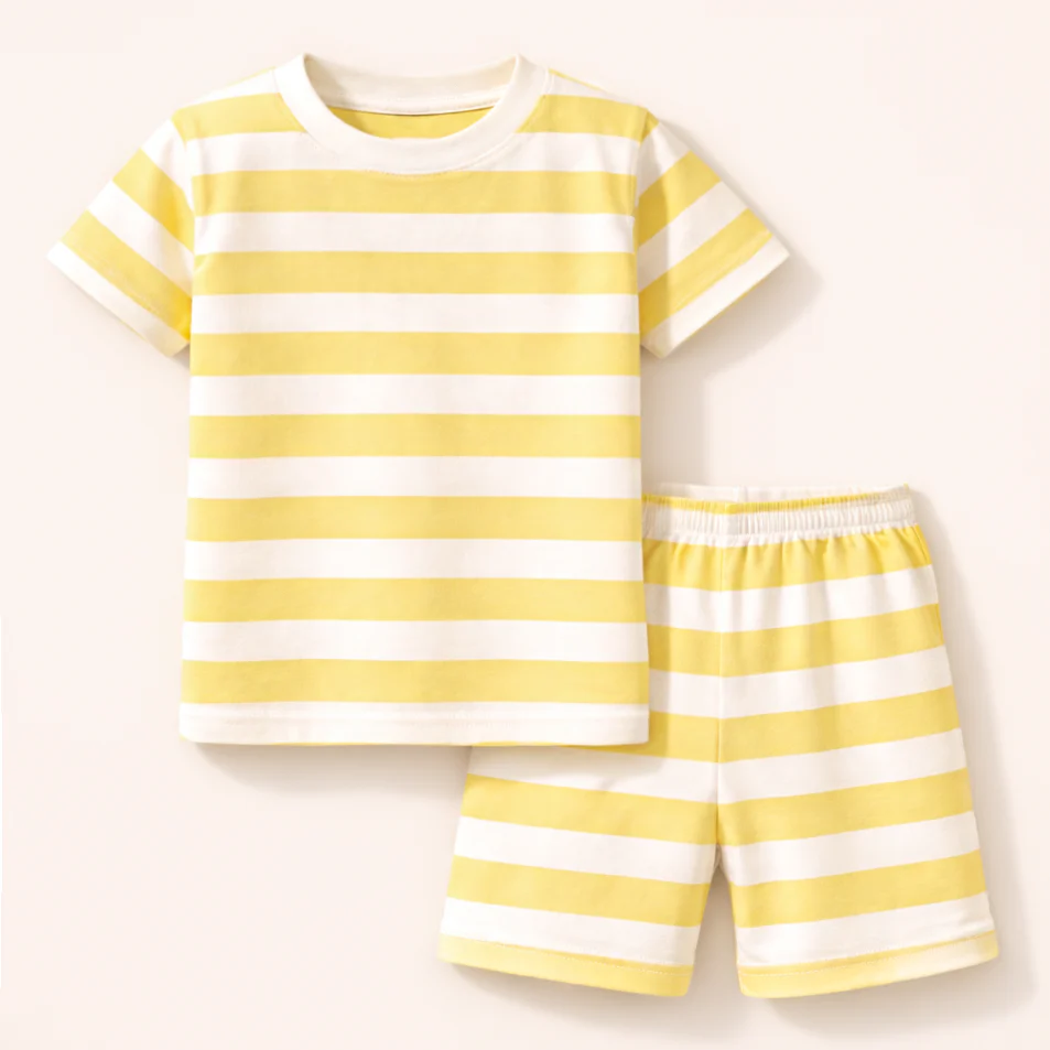 Kids T-Shirt & Short Set Wide Stripes Yellow - Mini Charm