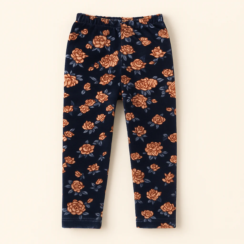 Kids Velvet Tights Navy Blue & Brown Flowers - Sunshine
