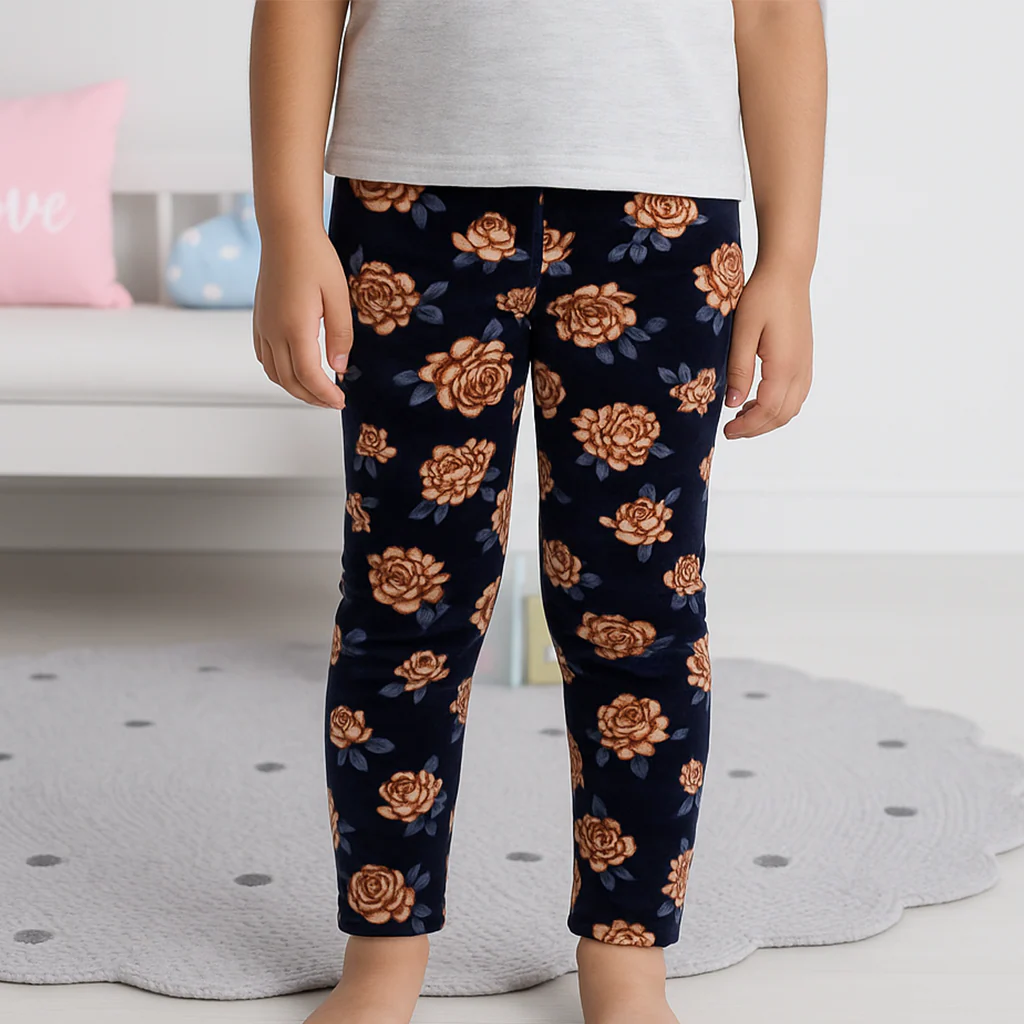 Kids Velvet Tights Navy Blue & Brown Flowers - Sunshine - Image 2