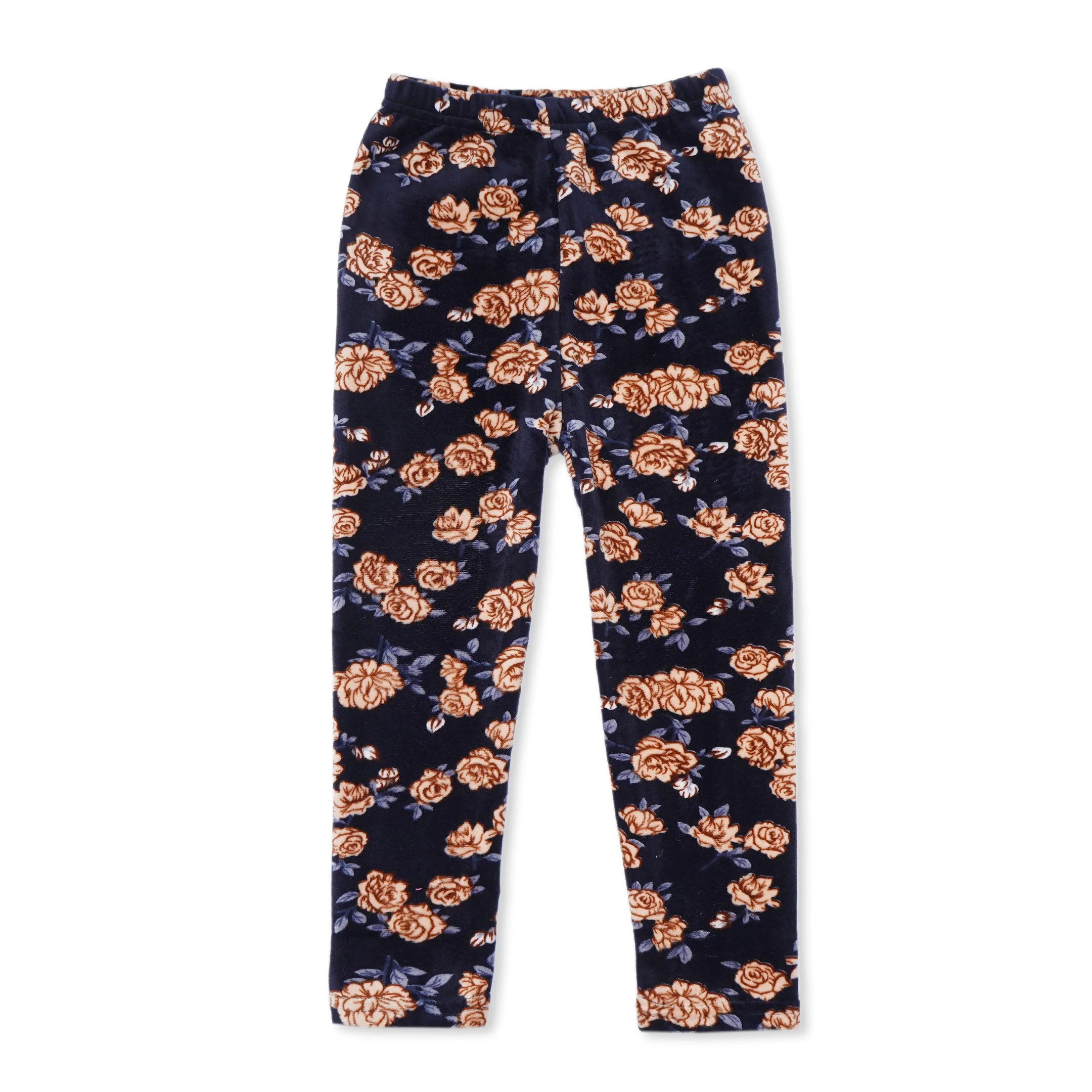 Kids Velvet Tights Navy Blue & Brown Flowers - Sunshine - Image 3